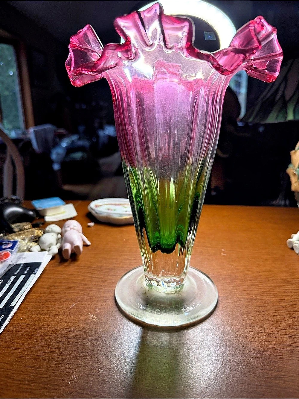 Teleflora Watermelon Art Glass Swirl Ruffled Vase